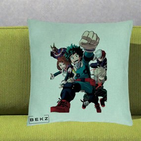 Perna Personalizata My Hero Academia Izuku Deku si Echipa, 40x40 cm, Verde Menta, Husa Detasabila, Perna Inclusa, BEKZ®