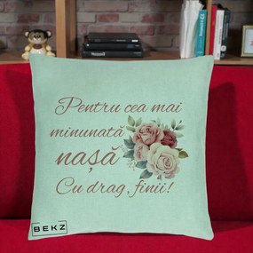 Cadou pentru Nasa - Perna Personalizata Pentru Cea mai Minunata Nasa Cu drag Finii, 40x40 cm, Verde Menta, Husa Detasabila, Perna Inclusa, BEKZ®