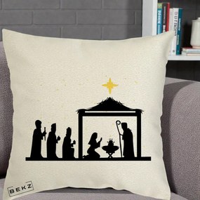 Perna Decorativa Nasterea Pruncului Silueta Neagra si Stea Aurie, 40x40 cm, Ecru, Husa Detasabila, Perna Inclusa, BEKZ®