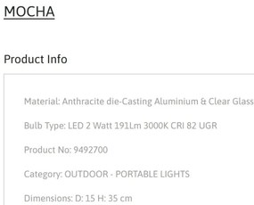 Lampa LED portabila iluminat exterior decorativ MOCHA