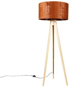 Lampă de podea din lemn cu abajur din stofă portocalie 50 cm - Tripod Classic