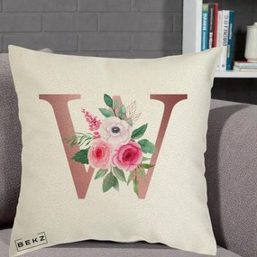 Cadou Personalizat - Perna Personalizata Monograma Rose Gold Litera W cu Trandafiri si Anemona, 40x40 cm, Ecru, Husa Detasabila, Perna Inclusa, BEKZ®
