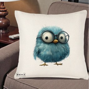 Perna Decorativa Pui Pufos Teal cu Ochelari, 40x40 cm, Crem Reliefat, Husa Detasabila, Perna Inclusa, BEKZ®