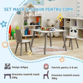ZONEKIZ Set Masă și 2 Scaune pentru Copii de 3-8 Ani cu Desene de Animale, 60x60x44 cm, Gri | Aosom Romania