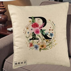 Cadou Personalizat - Perna Personalizata Monogram Litera R cu Flori Acuarela, 40x40 cm, Bej, Husa Detasabila, Perna Inclusa, BEKZ®