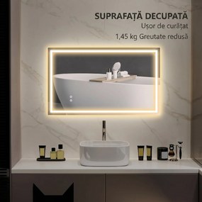 HOMCOM Oglindă de Baie Iluminată cu Lumini LED Reglabile și Strat Anti-Condens, 100x60 cm, Transparent | Aosom Romania