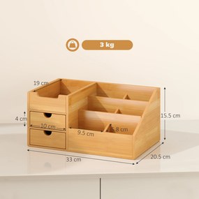 HOMCOM Organizator Birou cu 2 Sertare și 7 Compartimente din Bambus 33x20.5x15.5 cm | Aosom Romania