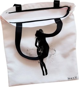 Sacosa de Panza pentru Cumparaturi, Geanta Tote, model Silueta Feminina, Cu fermoar, 38x34.5 cm, Alba, BEKZ®