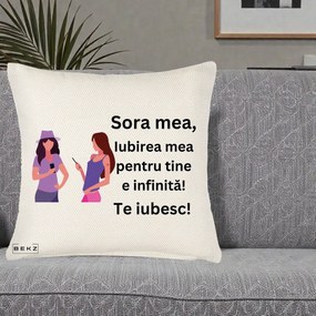 Cadou pentru Sora - Perna Personalizata Sora Mea Te Iubesc Doua Fete cu Telefoane, 40x40 cm, Crem Reliefat, Husa Detasabila, Perna Inclusa, BEKZ®