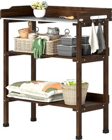 Outsunny Masă de grădină din lemn cu suprafață metalică, rafturi și cârlige pentru grădină, terasă 76x37x89 cm Carbonizat | Aosom Romania