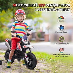 AIYAPLAY Motocicletă electrică pentru copii 12V, 37-96 luni, 2 motoare, roți ajutătoare detașabile, 30 kg, albă | Aosom Romania