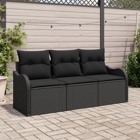 vidaXL Set de sofa de grădină de 3 piese cu perne Negru Poliratan