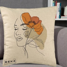 Perna Decorativa Portret Feminin Mac Mare Portocaliu, 40x40 cm, Bej, Husa Detasabila, Perna Inclusa, BEKZ®
