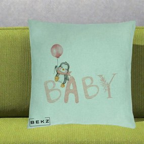 Perna Personalizata Baby Pinguin Roz, 40x40 cm, Verde Menta, Husa Detasabila, Perna Inclusa, BEKZ®