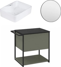 Set dulap baza suspendat Krofam Lov verde-negru 60 cm blat negru cu lavoar 49x38 cm si oglinda cu rama neagra