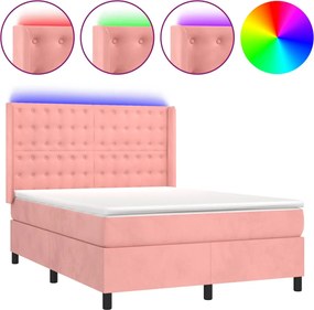 vidaXL Pat cu arcuri, cu saltea și LED, roz, 140x190 cm catifea