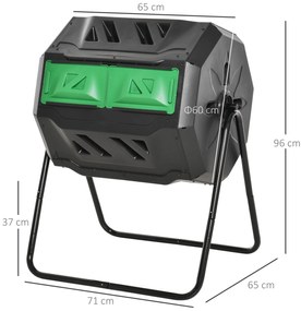 Outsunny Compostor cu 2 Behăuri, Capacitate de 160L, rotativ, 71cm x 65cm x 96cm, Verde + Negru | Aosom Romania