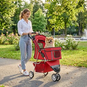 PawHut Cărucior Pliabil pentru Câini Mici, cu Suport pentru Pahar și Coș de Depozitare, până la 10 kg, Roșu | Aosom Romania