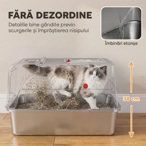 PawHut Litieră Închisă XL pentru Pisici din Oțel Inoxidabil cu Capac, Treaptă Colectoare pentru Nisip, Lopățică, Gri Deschis | Aosom Romania