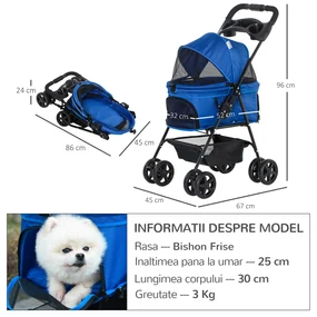 PawHut Carucior pentru Animale Pliabil Centuri de Siguranta Albastru Spatiu Generos | Aosom Romania