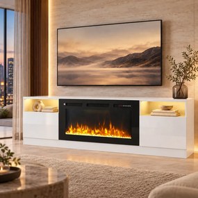 Comodă TV cu șemineu electric LED integrat – 178×35×59 cm, 12 culori flacără, Încălzire 750/1500 W, Telecomandă, Alb