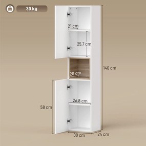 HOMCOM Mobilier de Baie cu 2 Uși, Rafturi Reglabile și Spațiu Deschis, Lemn, 30x24x140 cm, Alb | Aosom Romania