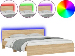 vidaXL Cadru de pat cu tăblie și LED, stejar sonoma, 180x200 cm