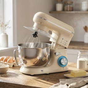 HOMCOM Robot de bucătărie 4,5 L 1300 W 6 viteze bol din oțel inoxidabil tel cârlig paletă bej | Aosom Romania