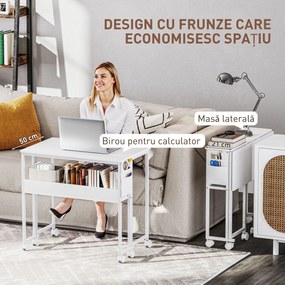 HOMCOM Birou pliabil 80cm, raft, roți, alb | Aosom Romania