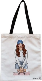 Sacosa de Panza pentru Cumparaturi, Geanta Tote, Travel Girl 5, Cu fermoar, 38x34.5 cm, Alba, BEKZ®