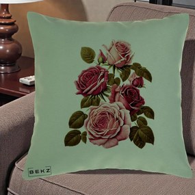 Perna Decorativa Trandafiri Vintage Roz-Rosii, 40x40 cm, Verde, Husa Detasabila, Perna Inclusa, BEKZ®
