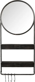 Oglinda de perete, neagra, din metal, cu 2 sertare si 4 agatatori, 38x89 cm
