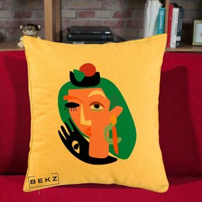 Perna Decorativa Portret Abstract Matisse Turcoaz, 40x40 cm, Galben, Husa Detasabila, Perna Inclusa, BEKZ®