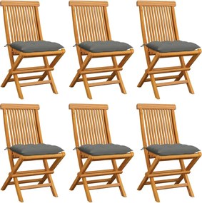vidaXL Scaune de grădină cu perne, 6 buc., gri, lemn masiv de tec