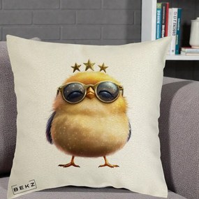 Perna Decorativa Pui Gold Star cu Ochelari Aurii, 40x40 cm, Ecru, Husa Detasabila, Perna Inclusa, BEKZ®