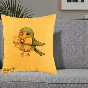 Perna Decorativa Pasare Teal cu Fundita cu Buline, 40x40 cm, Galben, Husa Detasabila, Perna Inclusa, BEKZ®