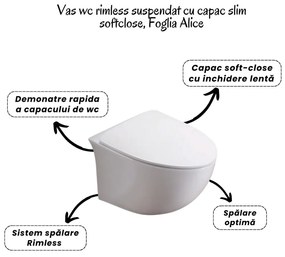 Set vas wc suspendat rimless cu capac soft close Foglia Alice, rezervor incastrat si clapeta wc crom mat, Alcaplast