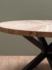Masă dining rotundă din lemn reciclat, maro, 6–8 locuri, cu bază centrală din metal, 77 x 150 cm, „Asturias”