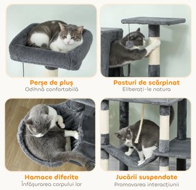 PawHut Arborele pentru Pisici mare, 202 cm, cu 6 Stâlpi de Zgâriat, 2 Hamace, 2 Stinghii, 2 Pompoane, Gri inchis | Aosom Romania