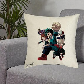 Perna Personalizata My Hero Academia Izuku Deku si Echipa, 40x40 cm, Ecru, Husa Detasabila, Perna Inclusa, BEKZ®