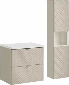 Set dulap baza suspendat 60 cm cu blat, dulap coloana si dulap suspendat Comad Viva alb mat si bej cașmir mat