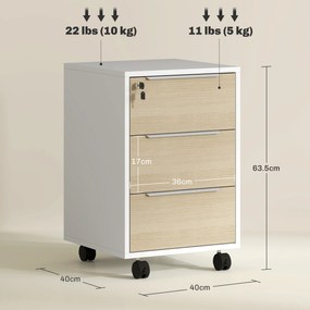 HOMCOM Dulap de Birou cu 3 Sertare, 4 Roți, Comodă de Birou cu Sistem de Blocare și 2 Chei pentru Documente Format A4, Dulap Vertical pentru Studiu, 40x40x63.5 cm, Alb și Stejar | Aosom Romania