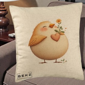 Perna Decorativa Pui cu Inima si Floarea-Soarelui, 40x40 cm, Bej, Husa Detasabila, Perna Inclusa, BEKZ®