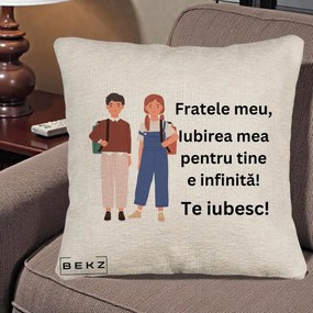 Cadou pentru Frate - Perna Personalizata Fratele Meu Te Iubesc Elevi Ilustratie Colorata, 40x40 cm, Bej Canapea, Husa Detasabila, Perna Inclusa, BEKZ®