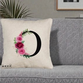 Cadou Personalizat - Perna Personalizata Monograma Florala Litera O, 40x40 cm, Bej Canapea, Husa Detasabila, Perna Inclusa, BEKZ®