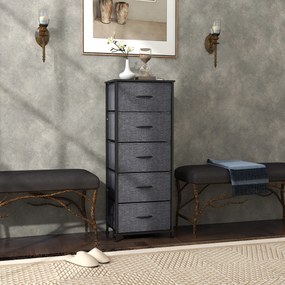 HOMCOM Comodă 5 sertare mobilier de depozitare sertar din material pliabil - structură din oțel negru - 45 x 30 x 116 cm gri închis | Aosom Romania