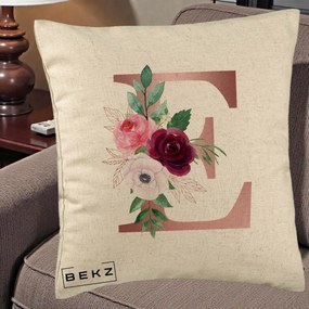 Cadou Personalizat - Perna Personalizata Monograma Rose Gold Litera E, 40x40 cm, Bej, Husa Detasabila, Perna Inclusa, BEKZ®