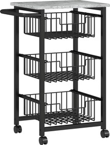 HOMCOM Cărucior de bucătărie cu 3 coșuri și mâner, din oțel și lemn, 49,5x31x69 cm, negru și gri deschis | Aosom Romania