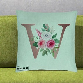 Cadou Personalizat - Perna Personalizata Monograma Rose Gold Litera W cu Trandafiri si Anemona, 40x40 cm, Verde Menta, Husa Detasabila, Perna Inclusa, BEKZ®
