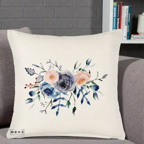 Perna Decorativa Buchet Flori Albastre Acuarela, 40x40 cm, Crem Reliefat, Husa Detasabila, Perna Inclusa, BEKZ®